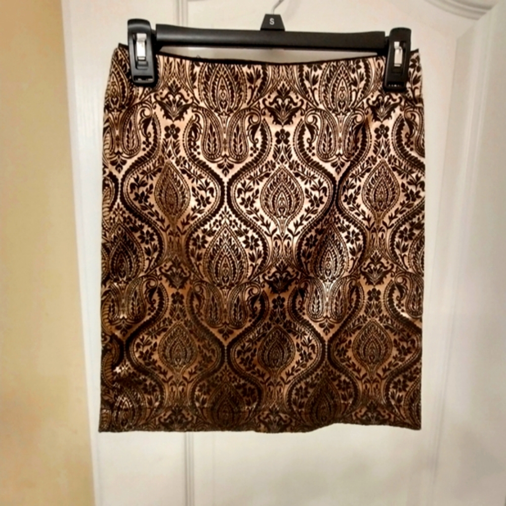 Romy Metallic Gold And Black Skirt with Ornate Baroque Pattern- Vintage